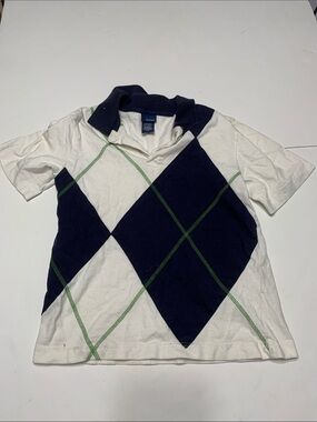 Basic Editions White and Navy Argyle Polo with Green Stitching